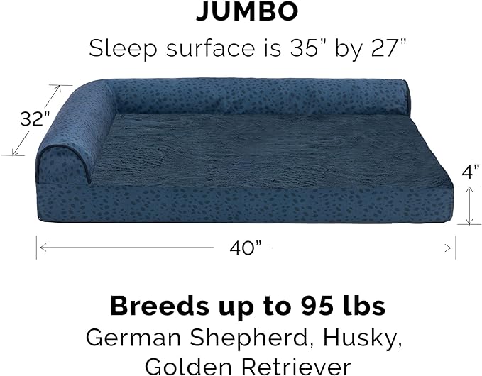 Furhaven Memory Foam Dog Bed for Large Dogs w/ Removable Bolsters & Washable Cover, For Dogs Up to 95 lbs - Plush & Almond Print L Shaped Chaise - Blue Almonds, Jumbo/XL