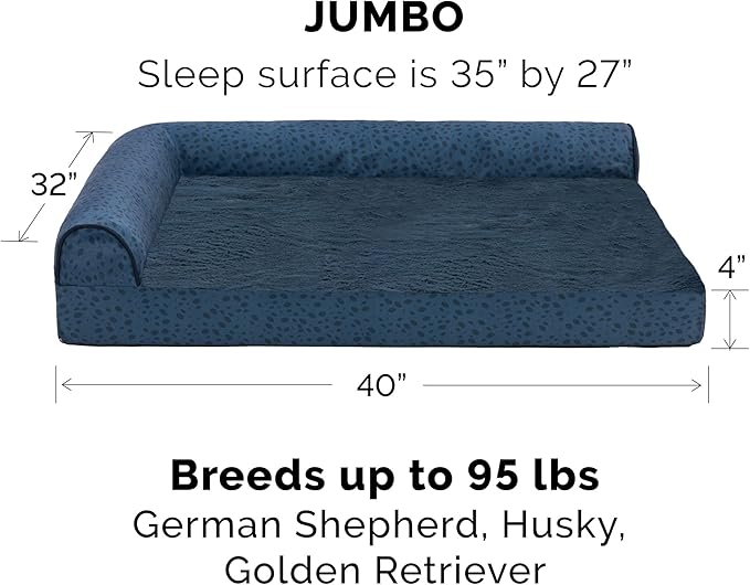 Furhaven Orthopedic Dog Bed for Large Dogs w/ Removable Bolsters & Washable Cover, For Dogs Up to 95 lbs - Plush & Almond Print L Shaped Chaise - Blue Almonds, Jumbo/XL