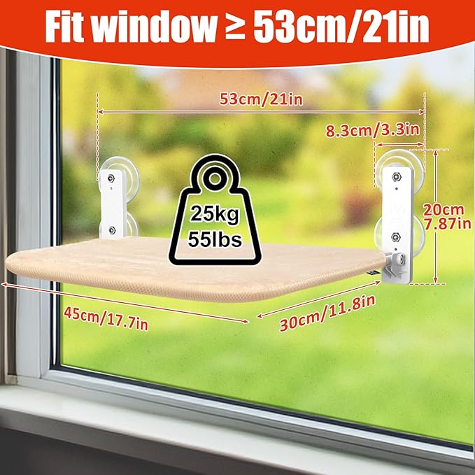 Sunhoo Cat Window Hammock Perch Cordless Perches Window Sill Seat Bed Foldable Stable Lounger Upgraded Suction Cup Easy Assembly Indoor Cats Kitty Shelf Hold Up to 55lbs（Beige,S