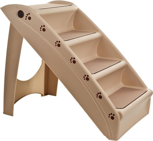 Pet Stairs - Home and Vehicle Foldable Nonslip Dog Steps with 4-Step Design - For Puppies, Kittens, and Other Small Pets by PETMAKER (Tan)