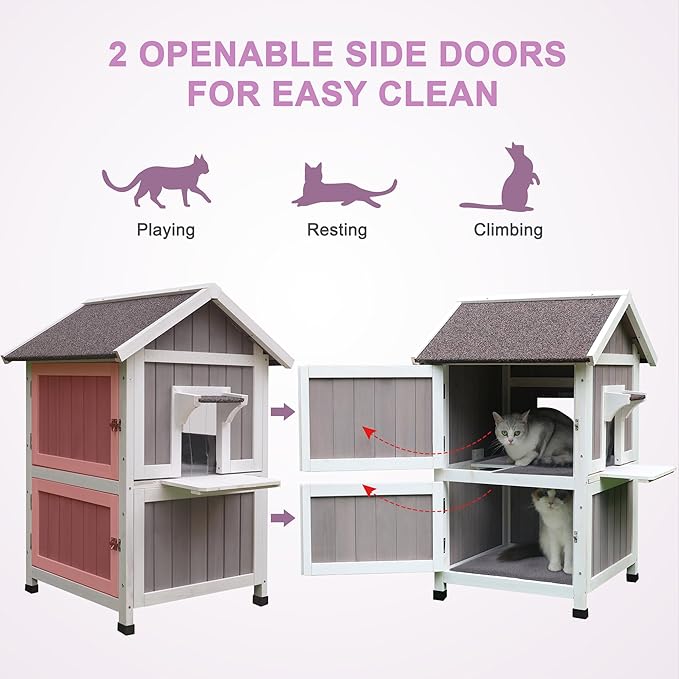 HiCaptain Outdoor Cat House for Outdoor Cats, Large Outside Weatherproof Feral Cat Shelter fot Multiple Cats, Unique Wooden Cat House with Balcony, Escape Door (2-story, Grey House with Mat)