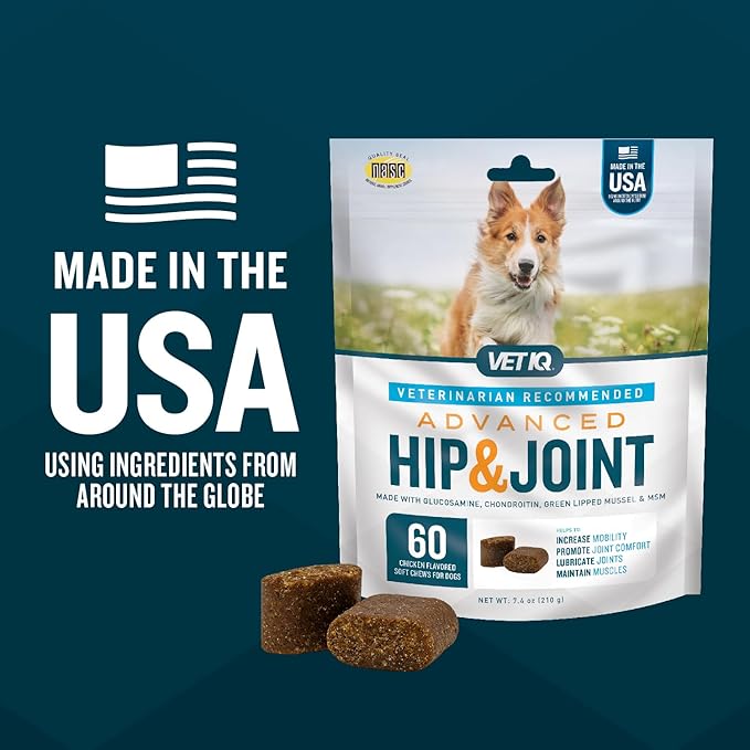 VetIQ Advanced Hip & Joint Chews For Dogs, 60 Count, Chicken Flavored Supplements Made with Glucosamine, Omega 3’s, Chondroitin, MSM, and Green Lipped Mussel, Increases Mobility and Maintains Muscles