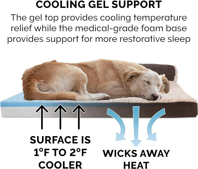 Furhaven Cooling Gel Dog Bed for Medium/Small Dogs w/ Removable Bolsters & Washable Cover, For Dogs Up to 35 lbs - Two-Tone Plush Faux Fur & Suede L Shaped Chaise - Espresso, Medium