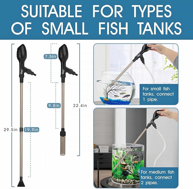 hygger Small Gravel Vacuum for Aquarium, Manual 80GPH Aquarium Gravel Cleaner Low Water Level Water Changer Fish Tank Cleaner with Pinch or Grip Run in Seconds Suction Ball Adjustable Length