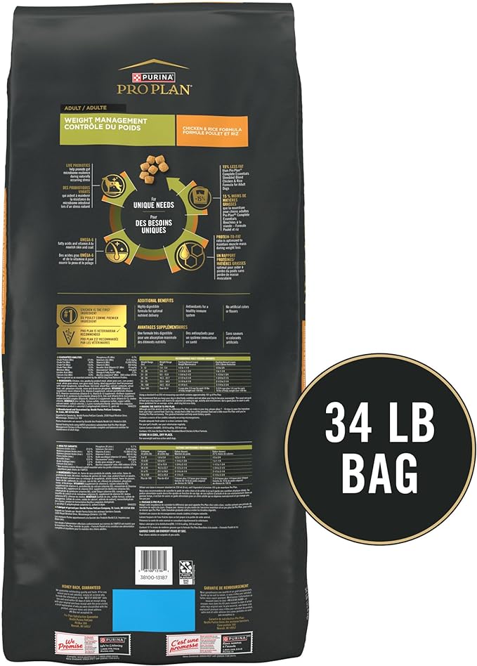 Purina Pro Plan Weight Management Dog Food With Probiotics for Dogs, Chicken & Rice Formula - 34 lb. Bag