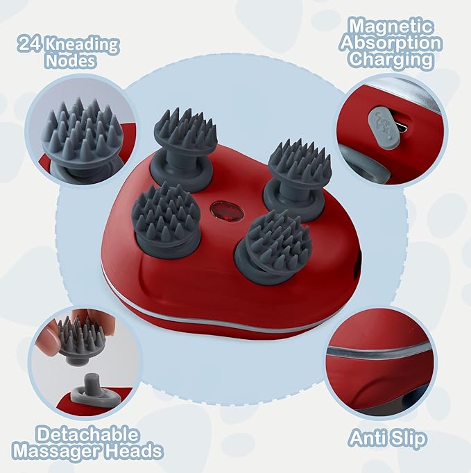 Red Scalp Massager Pet-Friendly Silicone Massage Brush - Soothing Head, Scalp and Body Scrubber for Pets - Cat Face Electric Sratchers - Gentle Grooming Tool for Ultimate Relaxation (Red)