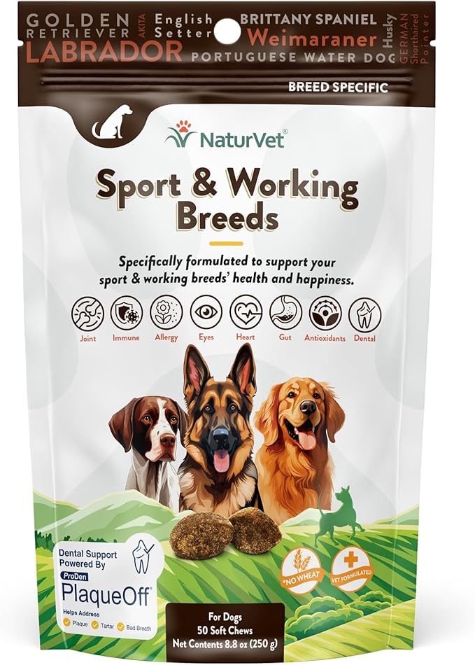 NaturVet Sport Breed Supplement- for Joint Support, Digestion, Skin, Coat Care- Dog Multivitamins with Minerals, Omegas, PlaqueOff- Wheat-Free Vitamins for Dogs- Sport and Working Breed- 50 Soft Chews