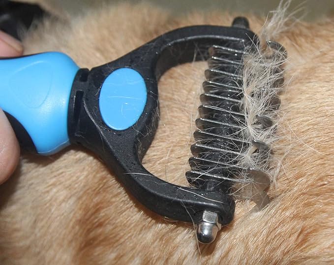 Maxpower Planet Pet Grooming Brush - Double Sided Shedding, Dematting Undercoat Rake for Dogs, Cats. Extra Wide Dog Grooming Brush, Dog Brush for Shedding, Cat Brush, Reduce Shedding by 95% (Blue, S)