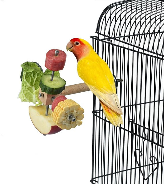 Sturdy Bird Food Holder, Wooden Perch for Cage, Rotating Stand for Fresh Fruits and Veggies, Interactive Toy for Parrots, Reducing Boredom