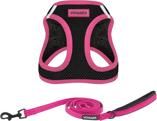 Voyager Step-in Air All Weather Mesh Harness and Reflective Dog 5 ft Leash Combo with Neoprene Handle, for Small, Medium and Large Breed Puppies by Best Pet Supplies - Black/Pink Trim, Large