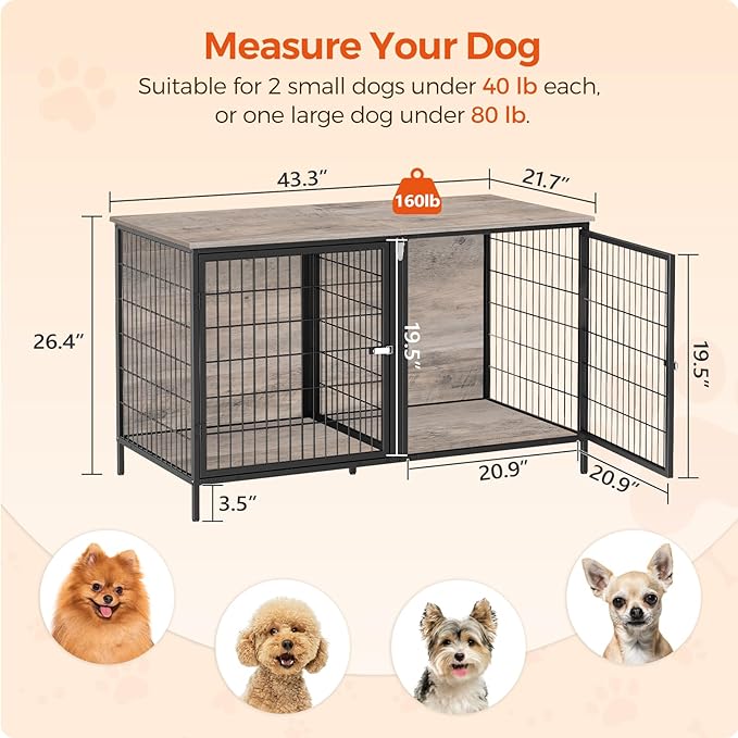 Dog Crate Furniture for 2 Dogs, 43.3" Dog Kennel with Removable Divider, Heavy Duty Wooden Dog Kennel for Small Medium Dog, Indoor Dog Cage End Table with Double Rooms, Greige DCHG1201