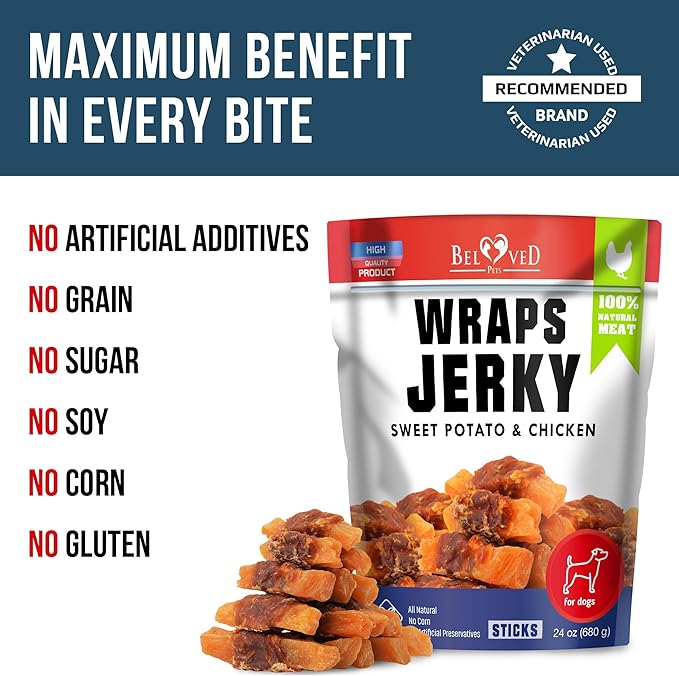 Sweet Potato Jerky Chicken Wraps - Dog Treats Human Grade - High Protein Meat - All Natural High Protein Dried Strips - Best Chews for Small & Large Dogs - Bulk Soft Pack Made for USA 24 Oz