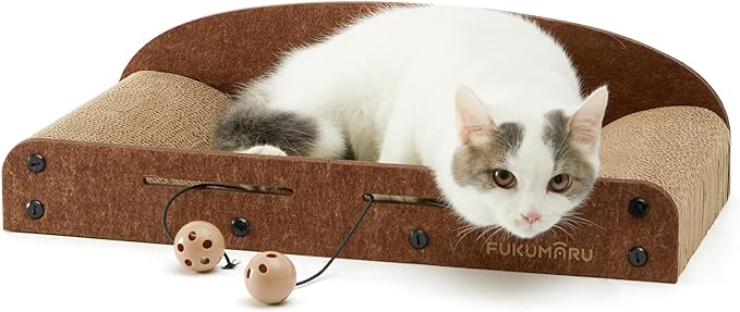 FUKUMARU 21 Inch Cat Scratcher Cardboard, Cat Lounger, Durable Cat Scratcher Bed Large Lounger with Bell Ball Toy, Recyclable Cat Scratching Pads for Indoor Cats, Cat Scratch Bed Cardboard