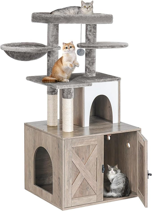 Snughome Cat Litter Box Enclosure with Cat Tree Tower and Condo, Hidden Cat Washroom Furniture with Sisal Scratching Post and Soft Plush Perch, Wooden Cat Furniture with Multiple Platforms, Grey