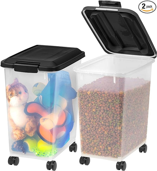IRIS USA Dog Food Storage Container, 2 Pack, Up to 30 lbs Each, Airtight Seal for Freshness, Wheels for Rolling, Easy One Hand Opening, Made in USA, BPA Free, Clear/Black