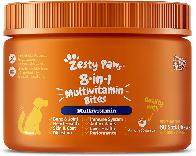 Zesty Paws Multivitamin Treats for Dogs - Glucosamine Chondroitin for Joint Support + Digestive Enzymes & Probiotics - Grain Free Dog Vitamin for Skin & Coat + Immune Health - 50 Count