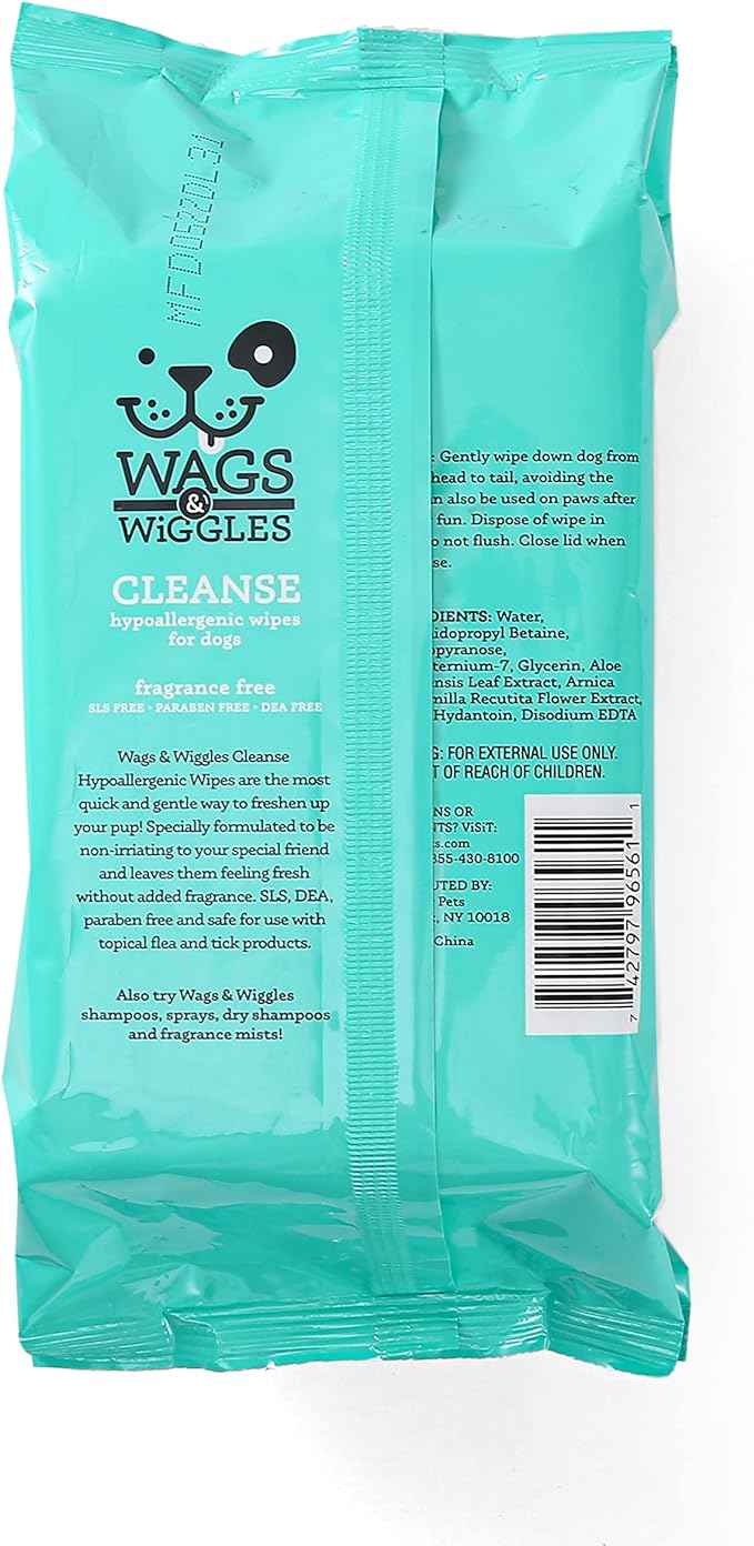 Wags & Wiggles Cleanse Hypoallergenic Wipes 100ct | Hypoallergenic Dog Wips 100 Count Package, Fragrance Free | Waterless Bathing to Keep Pets with Sensitive Skin Clean (FF22031)