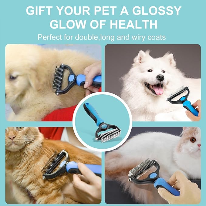 Pet Grooming Brush, Double Sided Undercoat Rake for Dogs & Cats, Professional Deshedding Brush and Dematting Tool, Safe and Effective Removing Knots, Mats, Tangles,and Flying Hair (Blue)