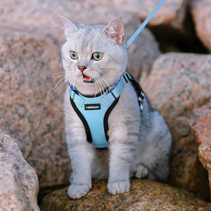 rabbitgoo Cat Harness and Leash for Walking, Escape Proof Soft Adjustable Vest Harnesses for Cats, Easy Control Breathable Reflective Strips Jacket, Light Blue,M