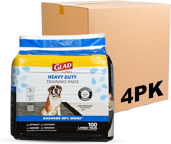 Glad for Pets Heavy Duty Activated Carbon Training Pads, 24" x 24" | Ultra Absorbent Training Pads - Absorbs 50% More Than Standard Pad; Heavy Duty Puppy Potty Training Pads, 100 Count - 4 Pack