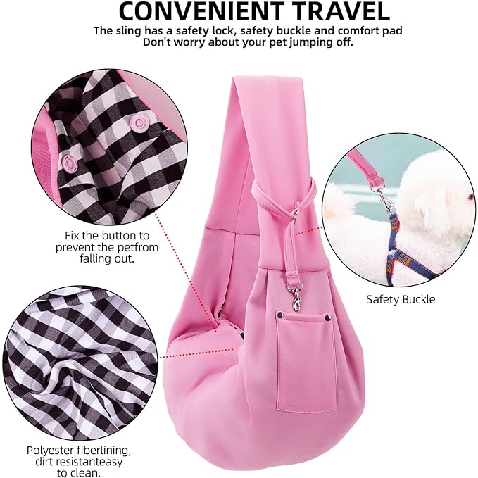 Dog Carrier Sling - Reversible Puppy Carrier Purse with Storage Pocket, Hand-Free Dog Sling Carrier for Carry Small Dogs and Cats，Travel Safety Harness, Dog and cat Harness (Pink)