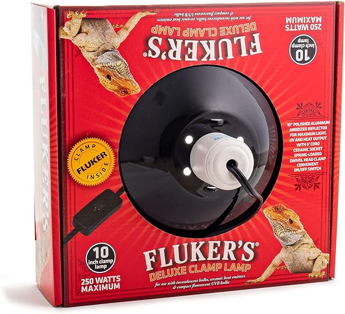 Fluker's Repta-Clamp Lamp, Heavy Duty Clamp Light For Reptile Tanks and Terrariums, UL/CUL Approved, Great for Reptile Basking, 250-Watt Maximum with On/Off Switch, 10"