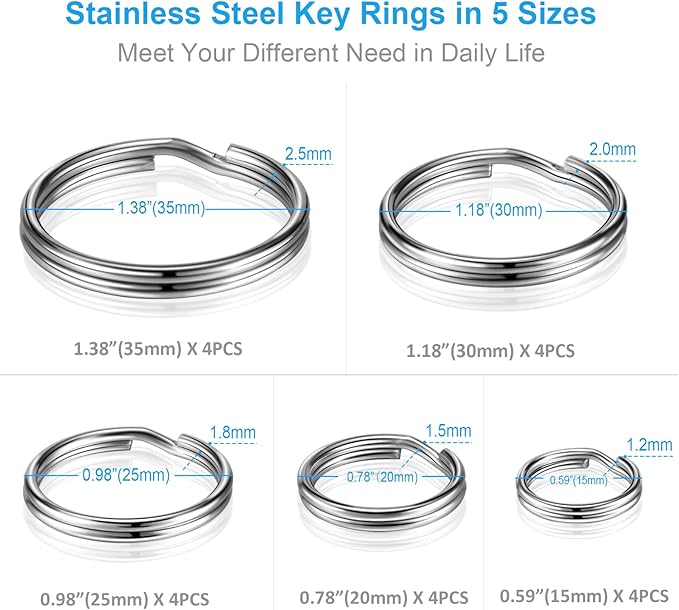 Split Key Ring Circle Assorted, Round Keyring Durable 5 Sizes (1/2 inch, 3/4 inch,1 inch, 1.25 inch, 1.38 inch)