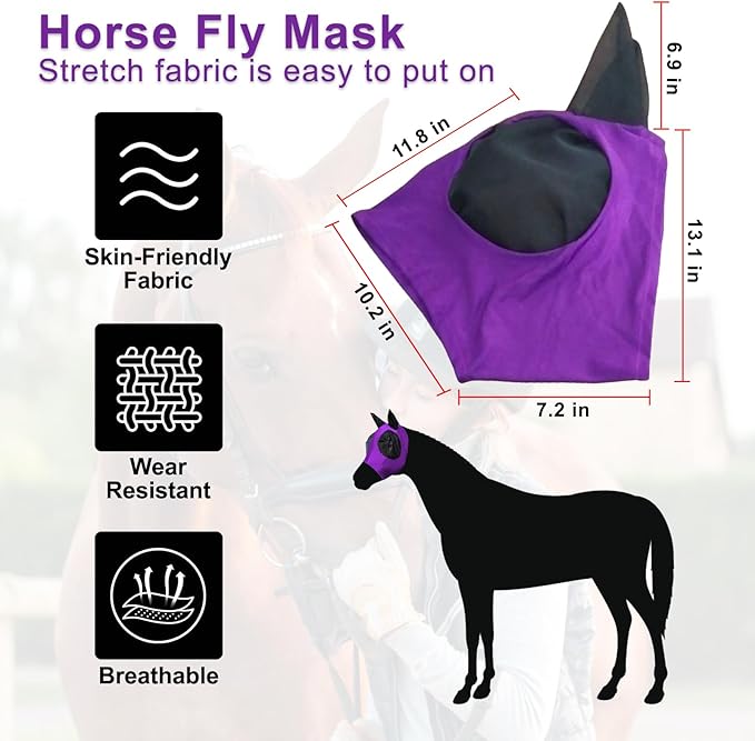 3 Pcs Horse Fly Mask-Fly Masks for Horses with Ears, Breathable Elastic Fabric for Sun Protection for Large/Medium Size Adult Horses (Pink-Purple-Blue, Large)