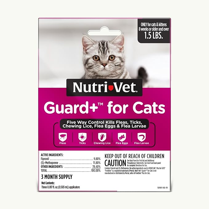 Nutri-Vet Guard+ for Cats - Flea & Tick Prevention Treatment for Cats 1.5 lbs. and Up - Waterproof Topical- 90 Days of Protection - 3 Monthly Doses