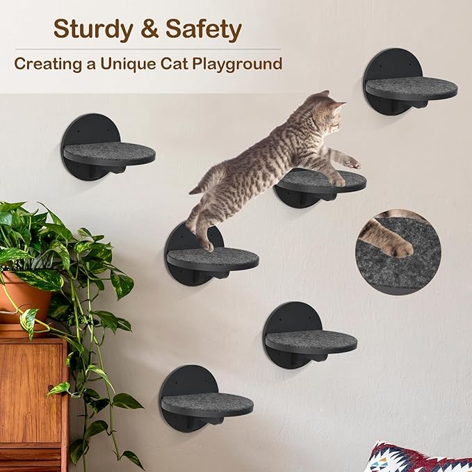 Y&ME YM 6-Packs Cat Climbing Shelves Wall Mounted, Cat Wall Steps Shelves, Cat Wall Shelves with Scratching Pad, Cat Wall Furniture for Cats Sleep Climb Play, Cat Shelves Cat Stairs Cat Ladder (Black)