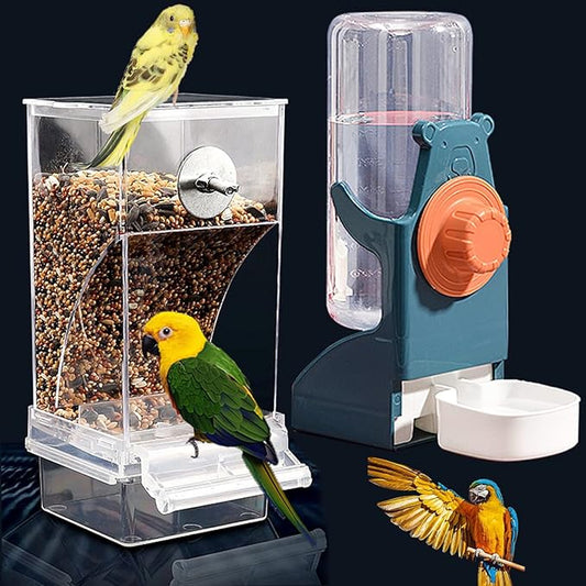 No Mess Bird Feeder Water Dispenser Set, Automatic Parrot Feeder Cage Accessories, Clear Parakeet Seed Container Food Feeder Drinker for Cage, Cockatiel Finch Lovebirds Budgies Canary (Blue)