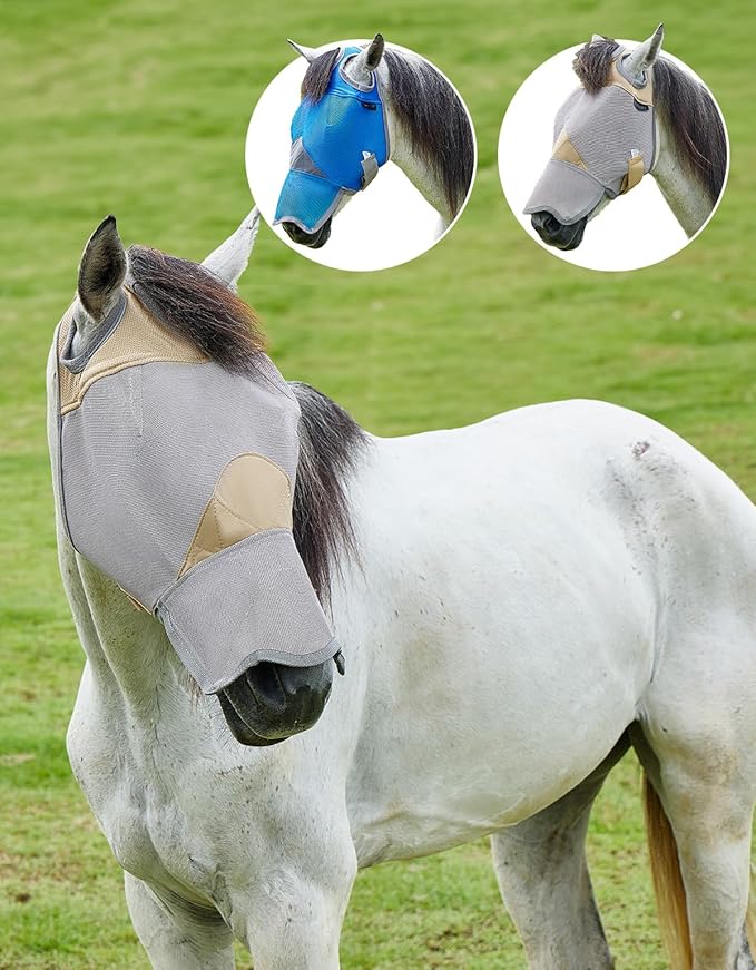 DEERFAMY Adjustable Horse Fly Mask, High-Quility Net Mesh Mask with Large Eye Space,Full Coverage, Soft & Gentle on Skin, No Ears but with Nose (Gold, M)