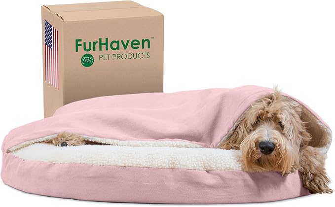 Furhaven 35" Round Orthopedic Dog Bed for Large/Medium Dogs w/ Removable Washable Cover, For Dogs Up to 50 lbs - Sherpa & Suede Snuggery - Pink, 35-inch