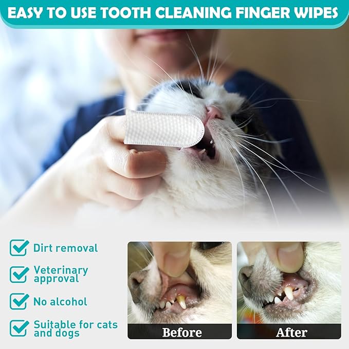 Teeth Cleaning Finger Wipes for Cat & Dog & Rabbit.Reduces Plaque & Freshens Breath Finger Wipes, Disposable Gentle Cleaning & Gum Care Pet Wipes (50PCS)