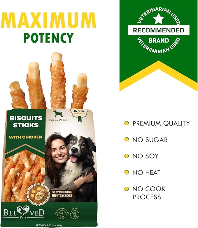 Biscuits Sticks Dog Treats Chicken Wrapped Human Grade Meat - Natural Dried Snacks Rawhide - Free & Grain Free Long Lasting Chews for Large & Small Dogs - Best for Training & Healthy Teeth