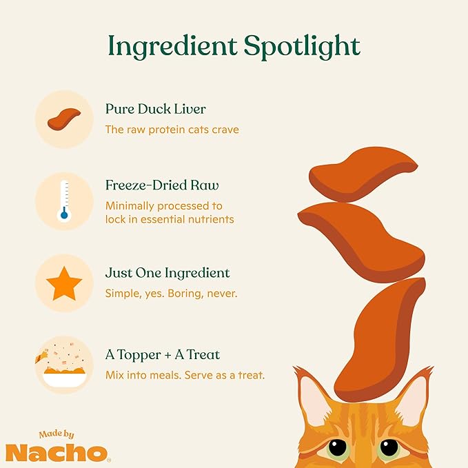 Made by Nacho Freeze-Dried Duck Liver Meal Topper, Mixer,or Treat 2.8oz | Single Ingredient, Healthy, Protein-Packed, Nutrient-Rich | Limited Ingredient Treats for Cats