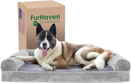 Furhaven Cooling Gel Dog Bed for Large Dogs w/ Removable Bolsters & Washable Cover, For Dogs Up to 95 lbs - Faux Fur & Velvet Sofa - Smoke Gray, Jumbo/XL