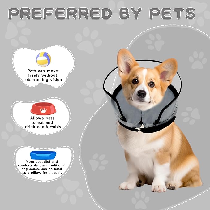 Dog Cone,Dog Surgery Collar,Dog Cones for Small Medium Large Dogs,Inflatable Cone for Dogs,Dog Cone Collar, Does not Impede Vision Dog Recovery Collar(M Grey)