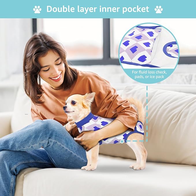 Recovery Suit for Dogs, Dog Recovery Suit Male Female Post Spay, Neuter, Abdominal Surgery Recovery Suit with an Inner Layer Pocket, Prevent Licking Soft Breathable Cotton, Blue, XS