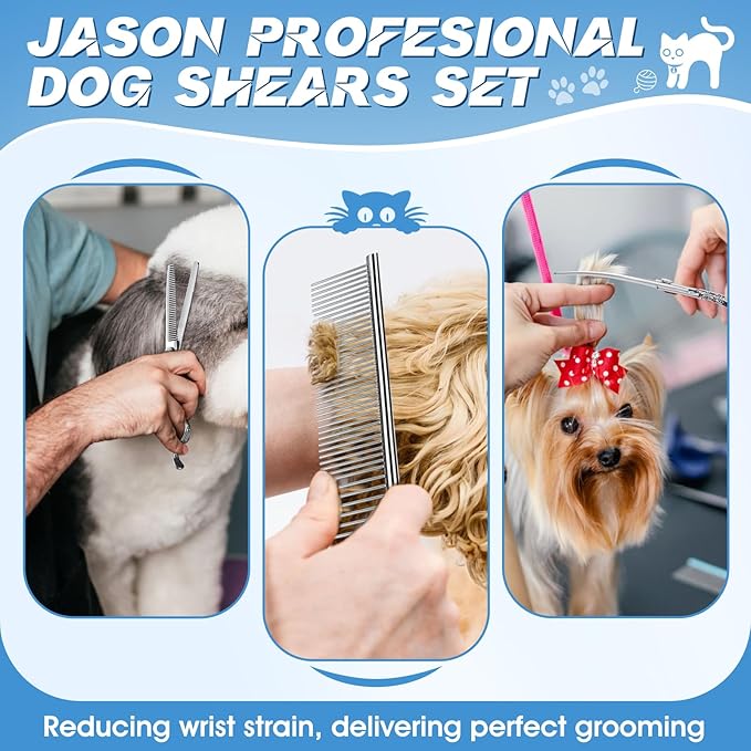 JASON Dog Grooming Scissors Kit, Professional 6 in 1 Dog Scissors Set - 6.5" Thinning, 7" Straight, 7" Up-Curved, 7" Down-curved Shears and Comb for Dog Cat Pet (Silver)