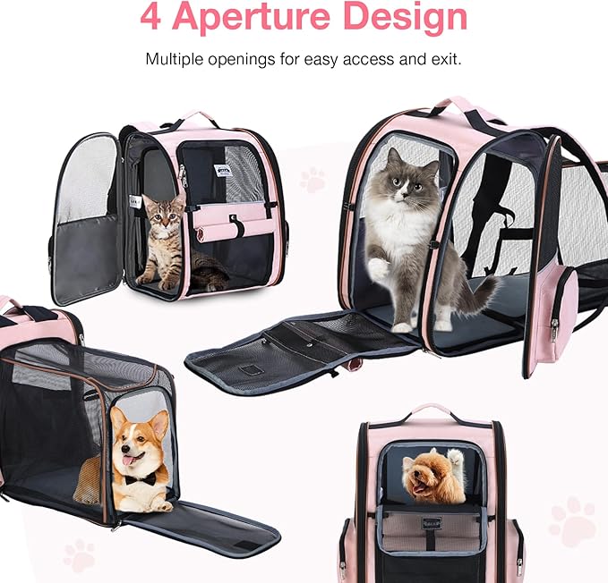 Lekebobor Extra Large Cat Backpack Carrier Expandable Pet Carrier Backpack for Small Dogs Medium Cats Fit Up to 18 Lbs, Dog Backpack Carrier, Foldable Puppy Backpack Carrier for Travel, Hiking,Pink