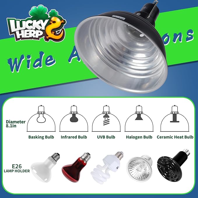 LUCKY HERP Reptile Light Fixture 8.5inch- Lightweight Aluminum Reflector Dome Reptile Light Fixture, Reptile Heat Lamp Fixture for UVB Light Bulb Basking Bulb Heat Bulb