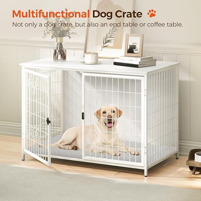 Dog Crate Furniture with Cushion, Wooden Dog Kennel with Double Doors, Heavy Duty Dog Cage for Small/Medium/Large Dogs, Indoor Dog House End Table, 39.4" L, White DCBW10701