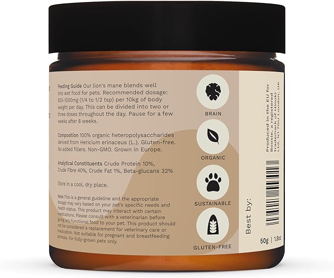 Boosie Organic Adaptogenic Powder for Dogs and Cats - Supports Brain Health and Immune System - Lion’s Mane Mushroom - 100% Natural Without Additives or Preservatives - Pet Nutrition