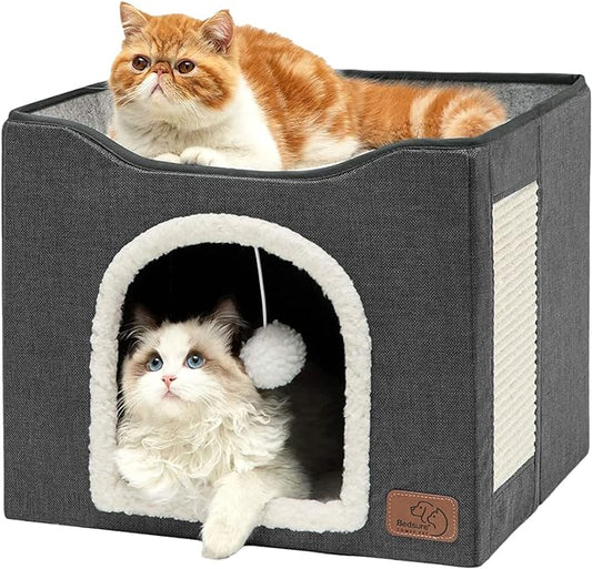 Bedsure Cat Beds for Indoor Cats - Large Cat Cave for Pet Cat House with Fluffy Ball Hanging and Scratch Pad, Foldable Cat Hideaway,16.5x16.5x13 inches, Dark Grey