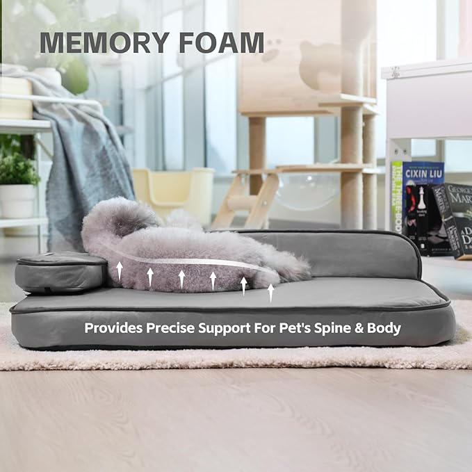 Dog Bed for Medium Dogs, Easy Clean Dog Sofa Air-Leather-Fabric Pet Bed, Stain & Waterproof Dog Bed with Memory Foam & Washable Cover, with Pillow & Side Cushion, Gray, M Size
