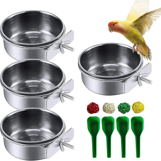 kathson Stainless Steel Bowls for Birds,4 Pcs Parrot Feeder Dish Cups,Bird Cage Water Food Bowl Coop Cup with Clamp Holder for Parrots Cockatiel Budgies Parakeet Lovebird(S)