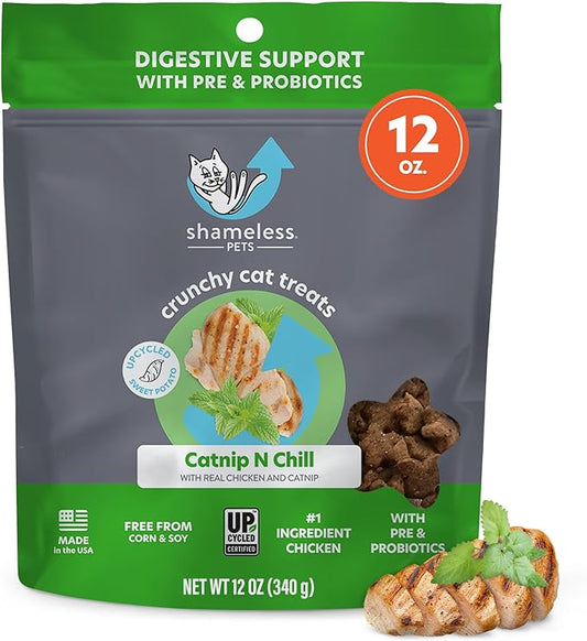 Shameless Pets Crunchy Cat Treats - Catnip Treats for Cats with Digestive Support, Kitten Treats with Real Chicken, Natural & Healthy Flavored Feline Snacks - Catnip N Chill, 1-Pk (12 Oz)