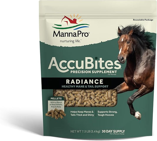 Manna Pro AccuBites Radiance Equine Supplement – Skin & Coat, Essential Vitamins & Hoof Health for Horses – Packed with Omega 3, 6, & Biotin – Main & Tail Maintenance – Alfalfa Flavored – 7.5 lbs