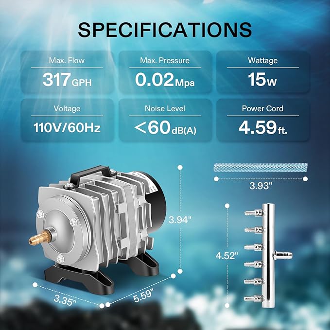 VIVOSUN 317GPH Air Pump 15W 6 Outlet 20 L/Min for Aquarium and Hydroponic Systems